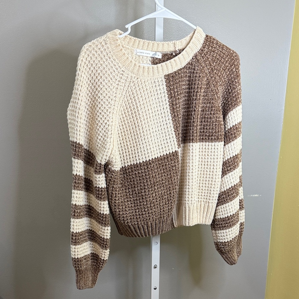 Altar'd State Cream and Brown Patchwork Sweater ptp 24”